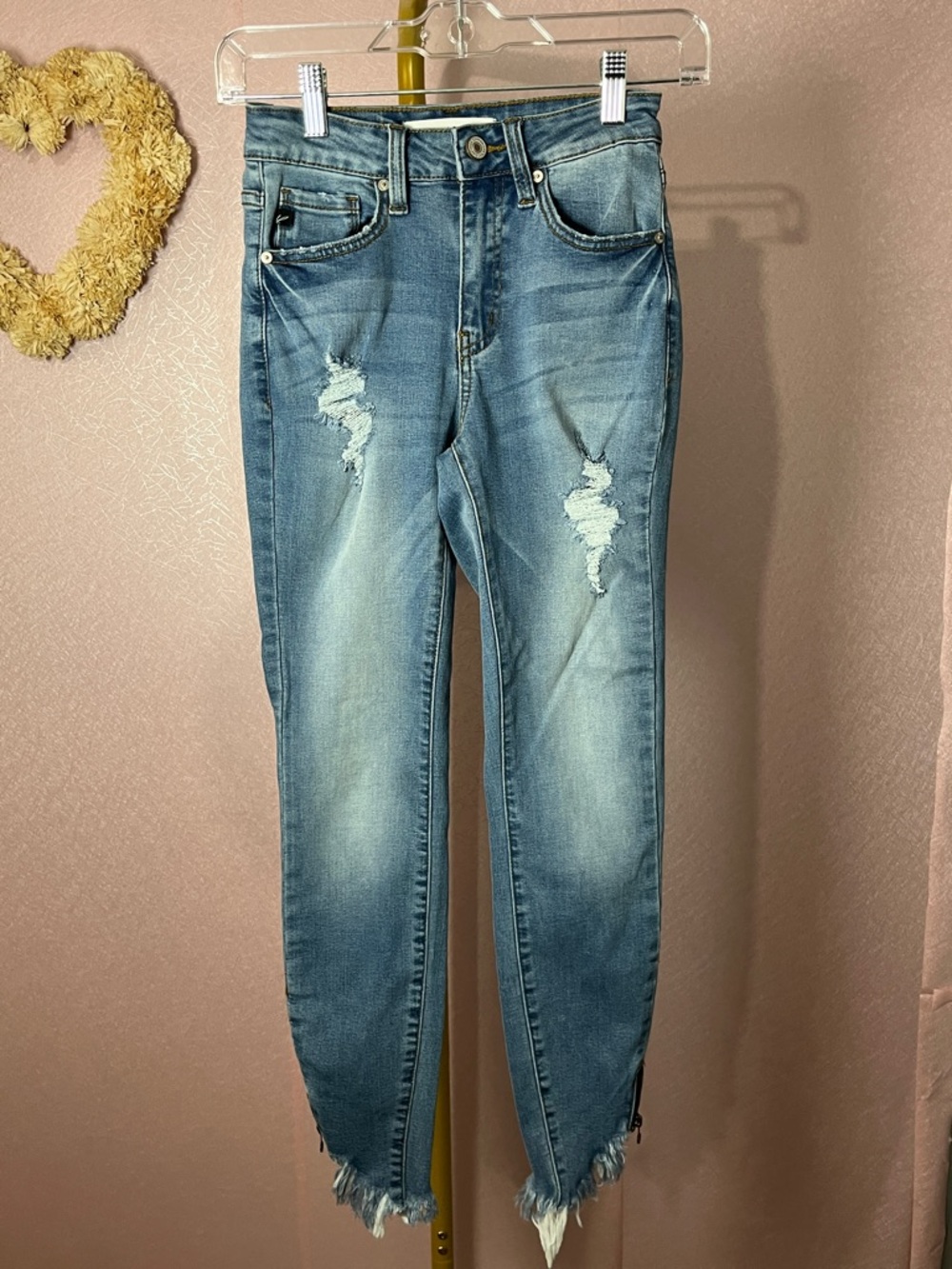 KanCan Medium Wash Distressed Skinny Jeans with Frayed Hem